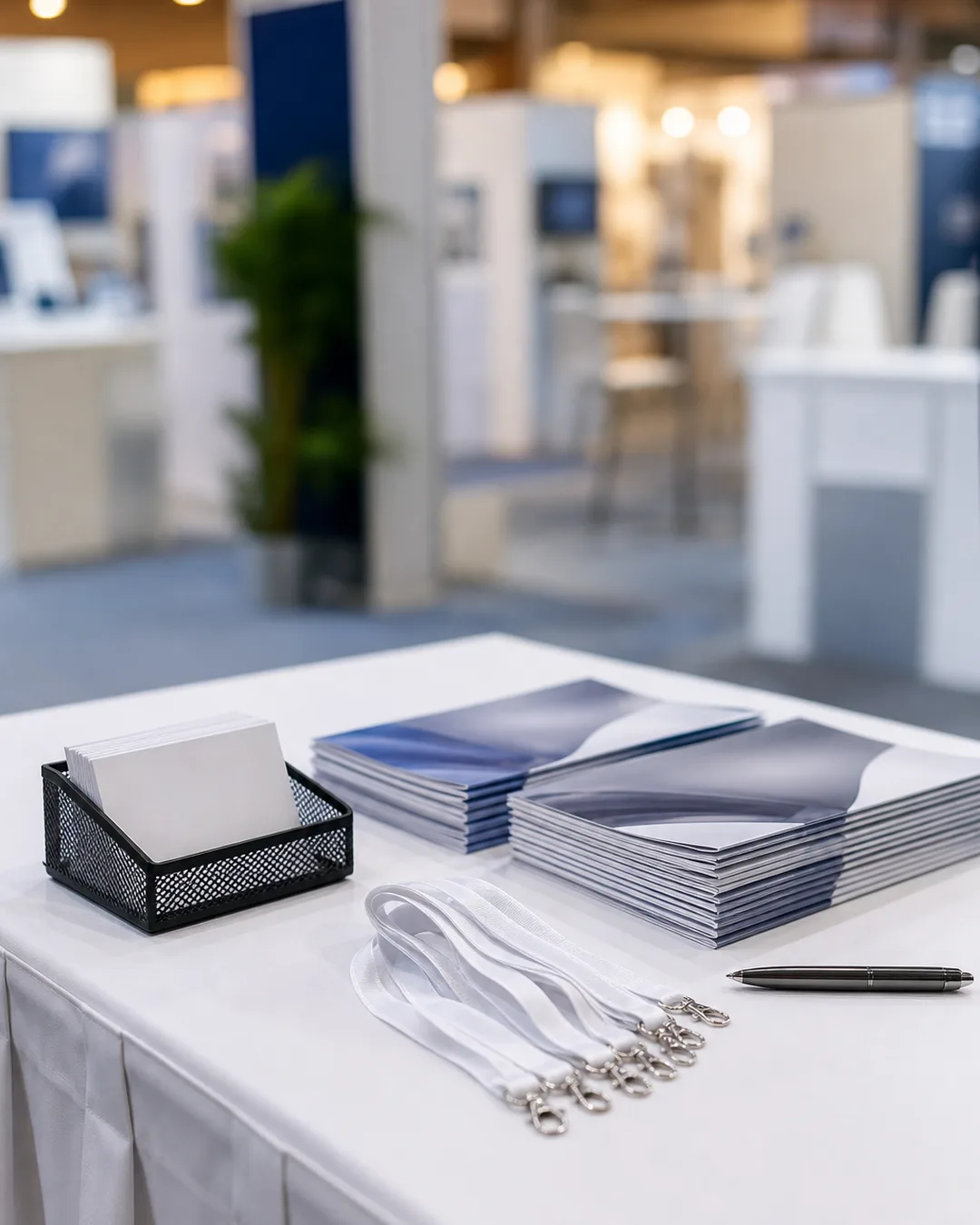 展示会の受付テーブルに置かれた名刺入れとパンフレット